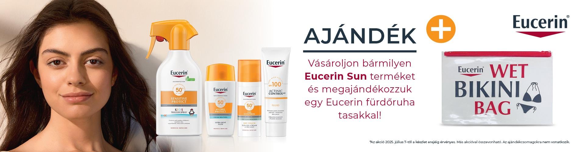 1+1 Exkuzív Ajánlat: 2025. július 10. és augusztus 31. között minden megrendelt Eucerin SUN fényvédő termék mellé egy Eucerin SUN vizes bikini tartót adunk ajándékba 1000 Ft értékben!